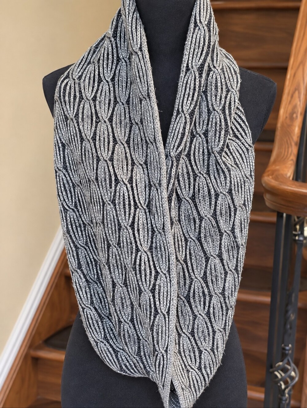 Calvin Klein Metallic Infinity Scarf Black Gray Silver Textured Knit
